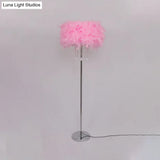 Modernist Drum Dining Room Floor Lamp In Pink/White/Purple With Crystal Draping