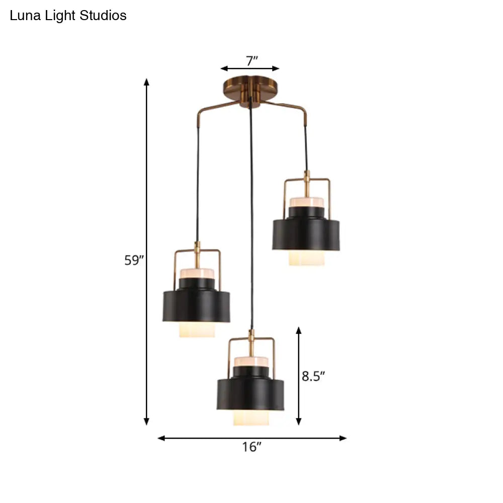 Modernist Drum-Shaped Metal Pendant Light - 3-Light Black Finish Suspension Lamp