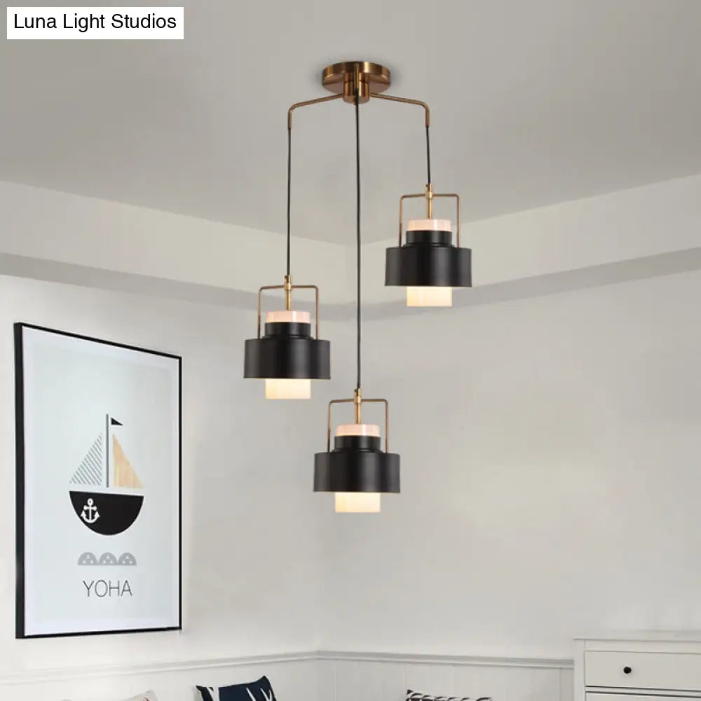 Modernist Drum-Shaped Metal Pendant Light - 3-Light Black Finish Suspension Lamp
