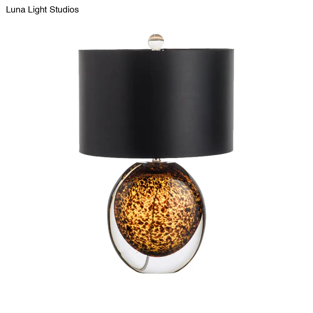Modernist Drum Task Fabric Desk Lamp - Small Black With Amber Glazed Crystal Base