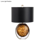 Modernist Drum Task Fabric Desk Lamp - Small Black With Amber Glazed Crystal Base
