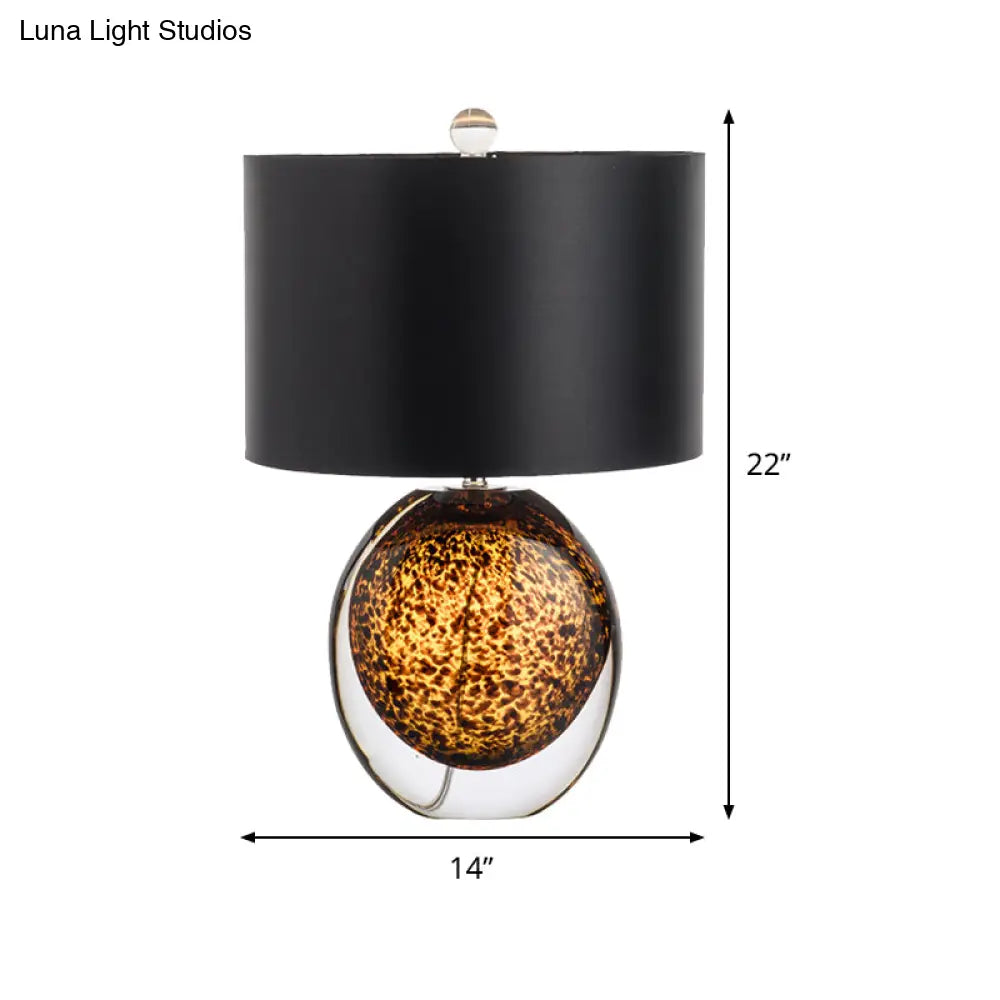 Modernist Drum Task Fabric Desk Lamp - Small Black With Amber Glazed Crystal Base