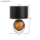 Modernist Drum Task Fabric Desk Lamp - Small Black With Amber Glazed Crystal Base