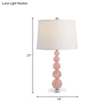 Modernist Fabric Barrel Shade Nightstand Lamp: Single White Table Light With Pink Glass Orb Stand