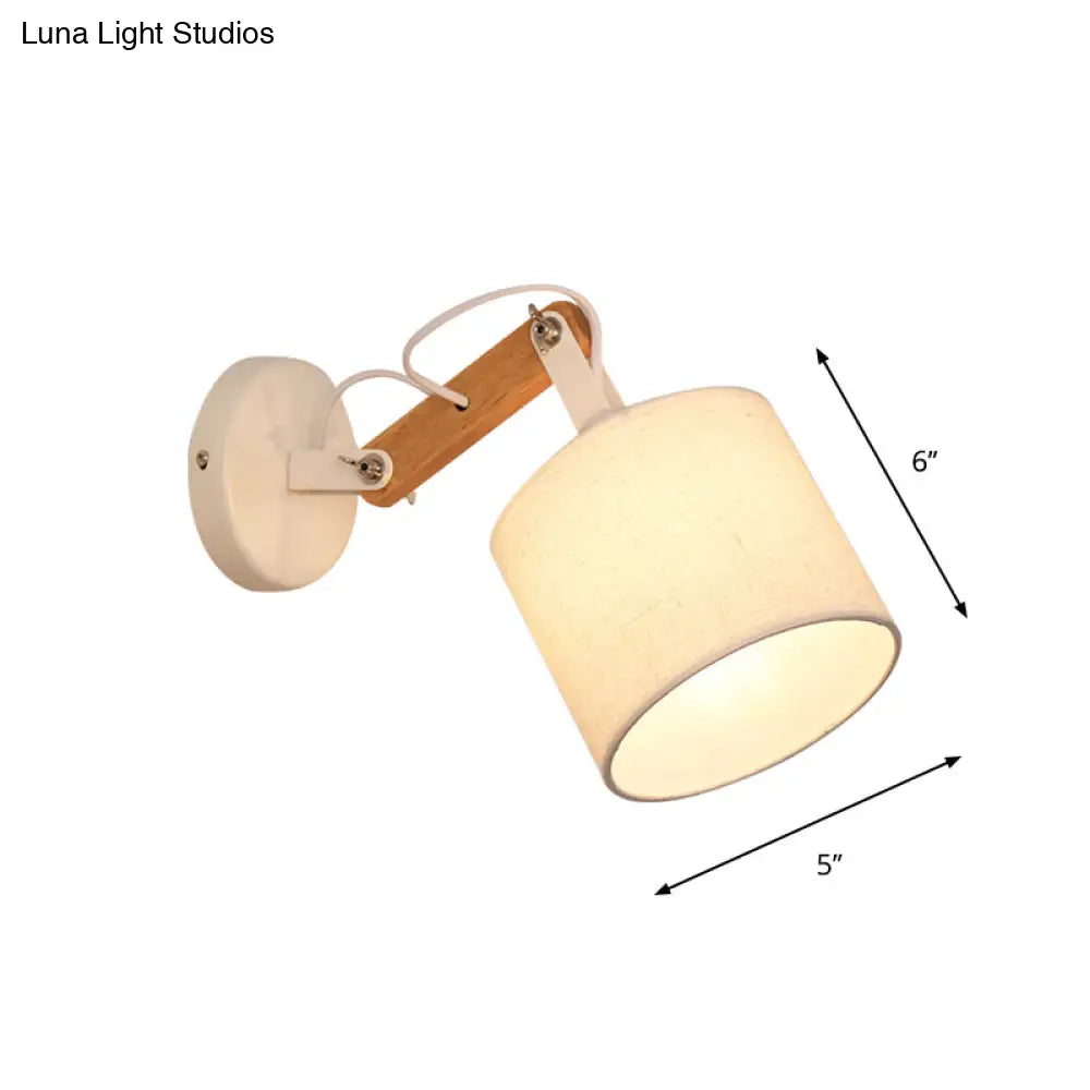 Modernist Fabric Cylinder Wall Lamp With Adjustable Wood Arm And White Bulb