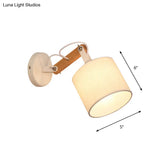 Modernist Fabric Cylinder Wall Lamp With Adjustable Wood Arm And White Bulb