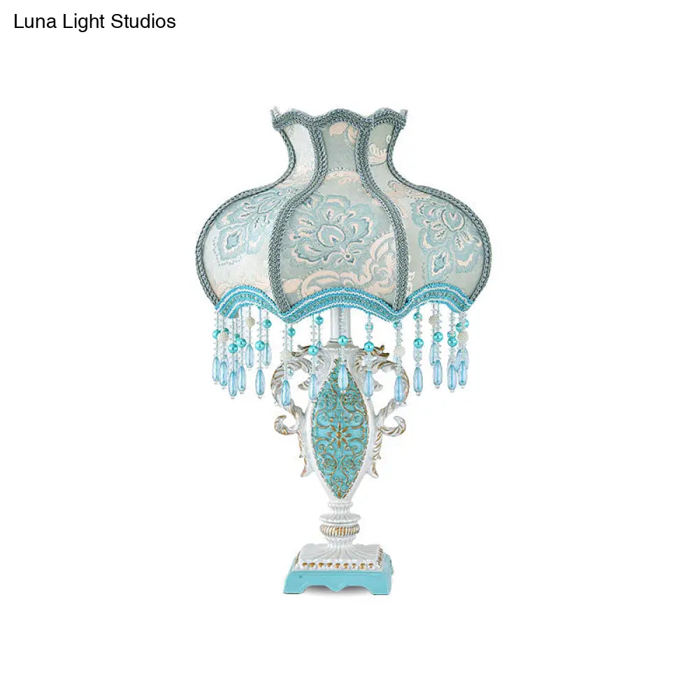 Modernist Fabric Domed Desk Light: 1 Light Pink/Blue Table Lamp With Fringe & Vase Base