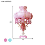 Modernist Fabric Domed Desk Light: 1 Light Pink/Blue Table Lamp With Fringe & Vase Base