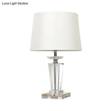 Modernist Fabric Nightstand Lamp - Barrel Crystal Task Light 1 Bulb 21/23.5 Long White