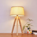 Modernist Fabric Tapered Desk Lamp With Wood Tripod - 1 Bulb Night Table Light In Brown/Beige