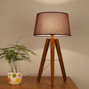 Modernist Fabric Tapered Desk Lamp With Wood Tripod - 1 Bulb Night Table Light In Brown/Beige Brown