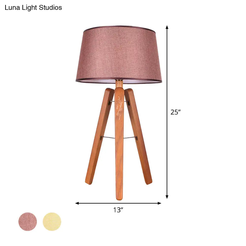 Modernist Fabric Tapered Desk Lamp With Wood Tripod - 1 Bulb Night Table Light In Brown/Beige