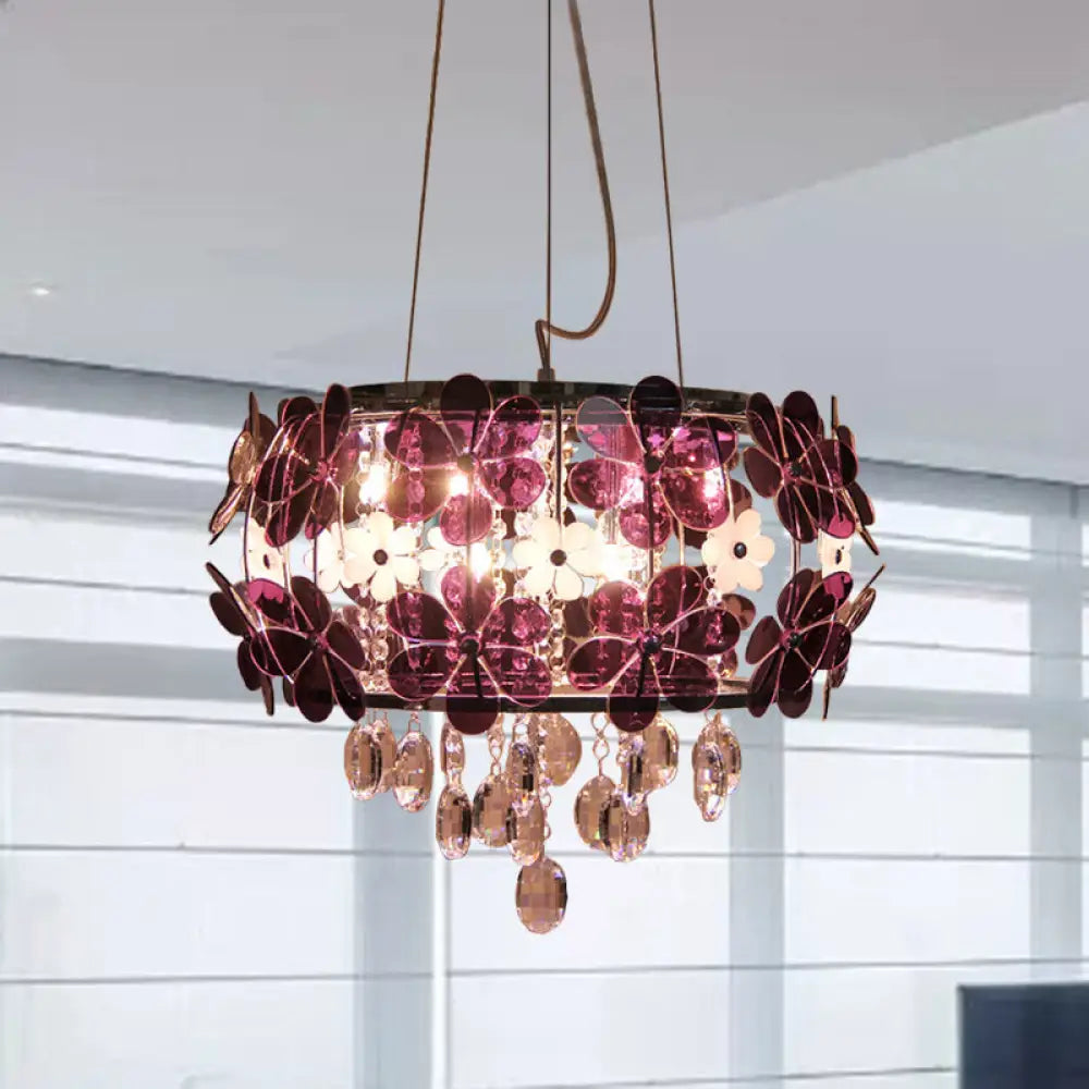 Modernist Floral Acrylic Flushmount Ceiling Light With Crystal Drop - 5 Heads White/Purple Purple