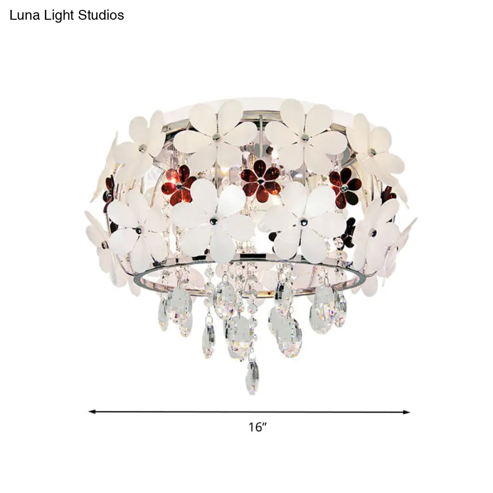 Modernist Floral Acrylic Flushmount Ceiling Light With Crystal Drop - 5 Heads White/Purple