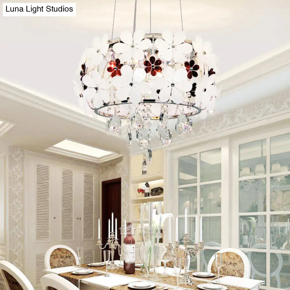 Modernist Floral Acrylic Flushmount Ceiling Light With Crystal Drop - 5 Heads White/Purple