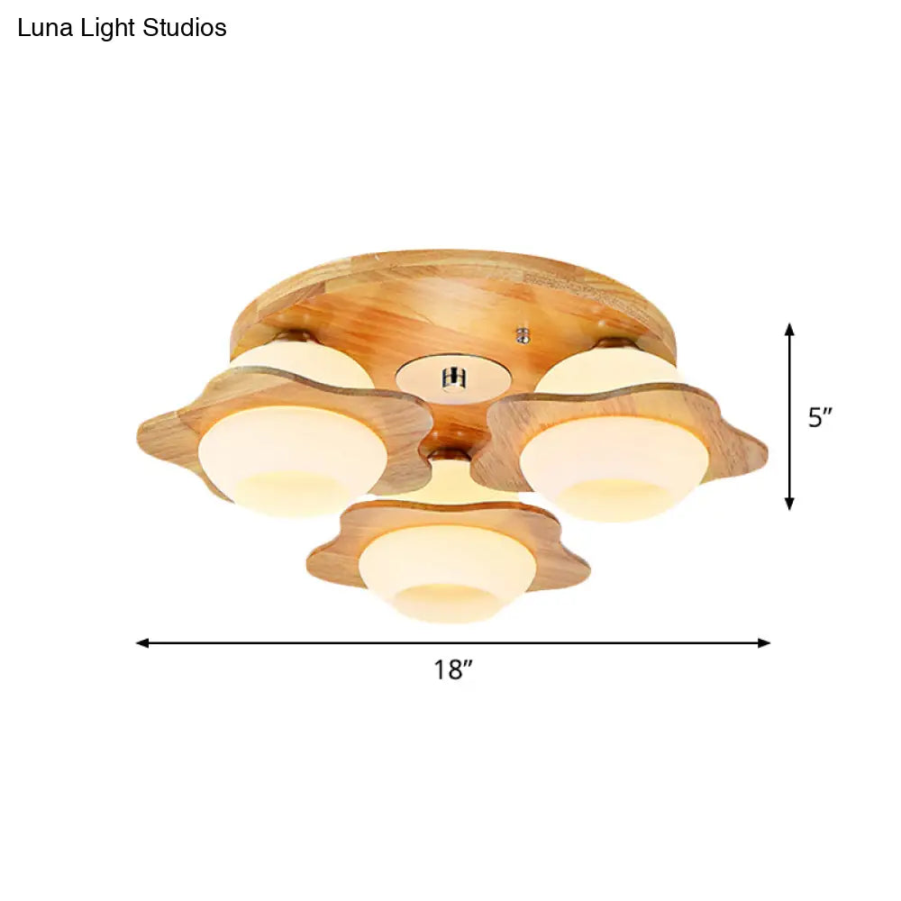 Modernist Floral Wood Flush Mount With Frosted Glass Shade - 3/5 Lights Beige Fixture
