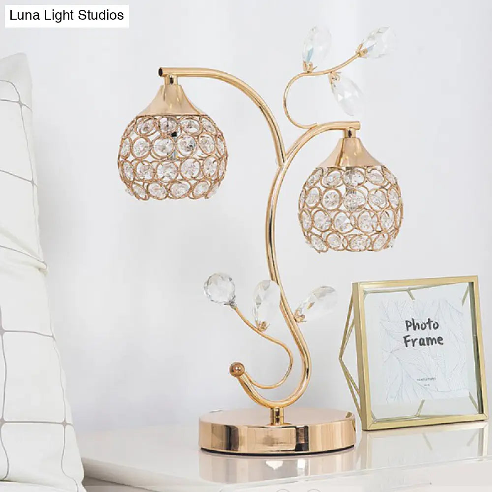 Modernist Flower Vine Table Light With Crystal-Encrusted Dome Shade - Gold