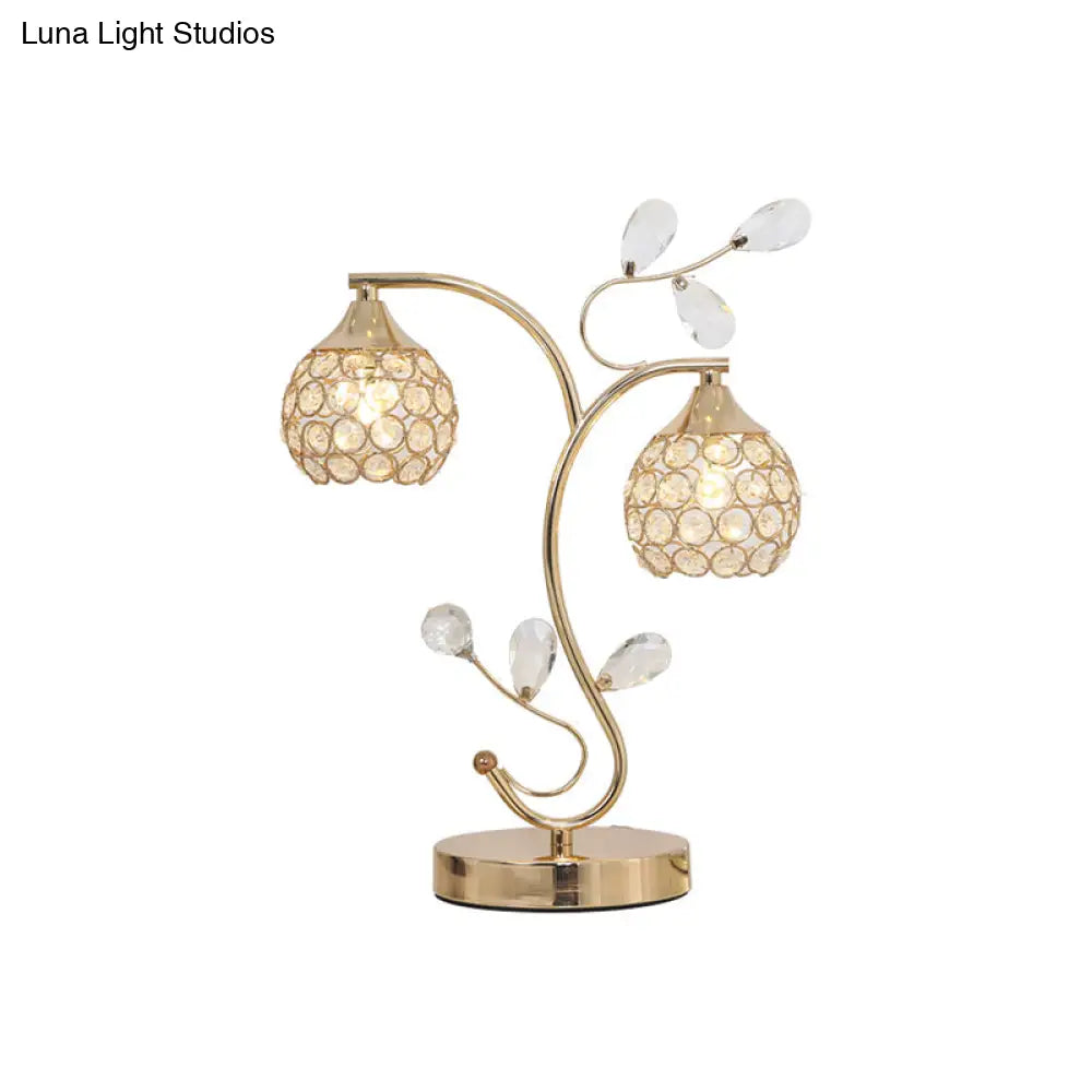 Modernist Flower Vine Table Light With Crystal-Encrusted Dome Shade - Gold