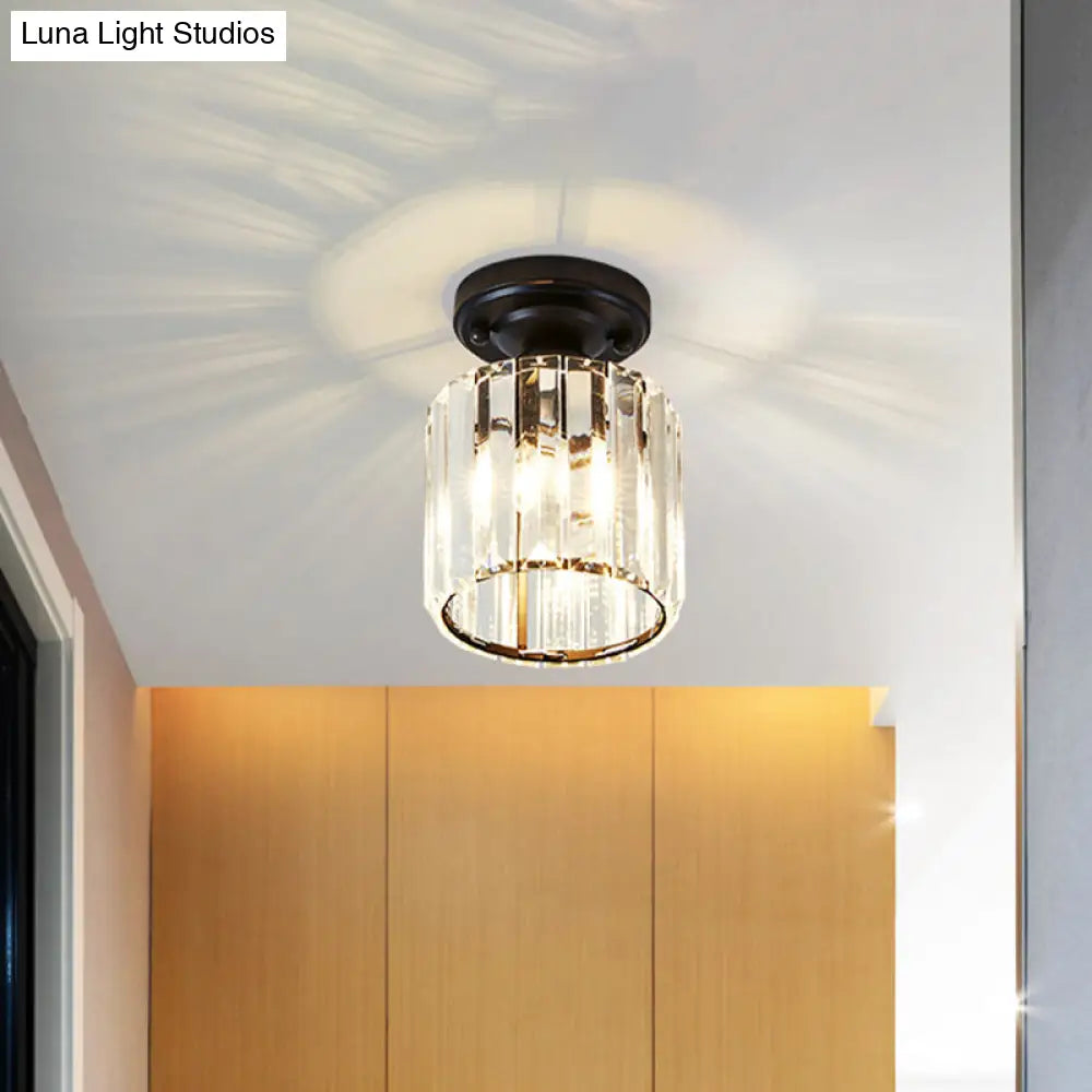 Modernist Flush Mount Ceiling Lamp: Clear Glass Cylinder Black Fixture For Corridor