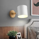 Modernist Geometry Single Head Wall Light - White Iron Fixture With Round Wood Backplate / C