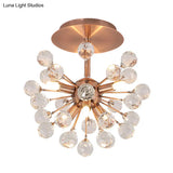 Modernist Globe Semi-Flush Mount Crystal Ceiling Light Fixture With Brass Finish - 6 Bulbs
