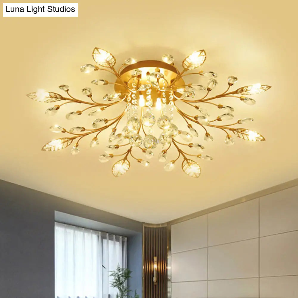 Modernist Gold Branch Ceiling Fixture With Faceted Crystal Semi Flush Mount Lighting - 5 Or 8 Bulbs