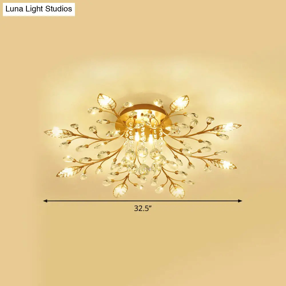 Modernist Gold Branch Ceiling Fixture With Faceted Crystal Semi Flush Mount Lighting - 5 Or 8 Bulbs