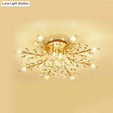 Modernist Gold Branch Ceiling Fixture With Faceted Crystal Semi Flush Mount Lighting - 5 Or 8 Bulbs