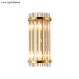 Modernist Gold Cylinder Wall Lamp With Crystal Rod Shade - 2 Lights Mount Lighting