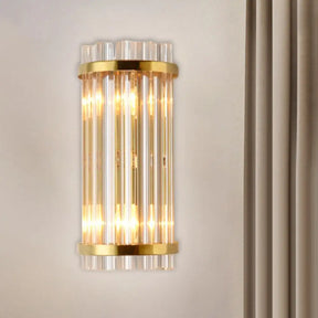 Modernist Gold Cylinder Wall Lamp With Crystal Rod Shade - 2 Lights Mount Lighting