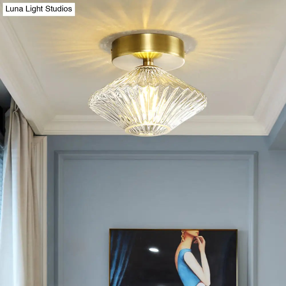 Modernist Gold Diamond Bedroom Semi Flush Mount Ceiling Light With Clear Prismatic Glass