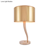 Modernist Gold Drum Nightstand Lamp - 1-Light Fabric Table Light For Living Room