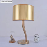 Modernist Gold Drum Nightstand Lamp - 1-Light Fabric Table Light For Living Room