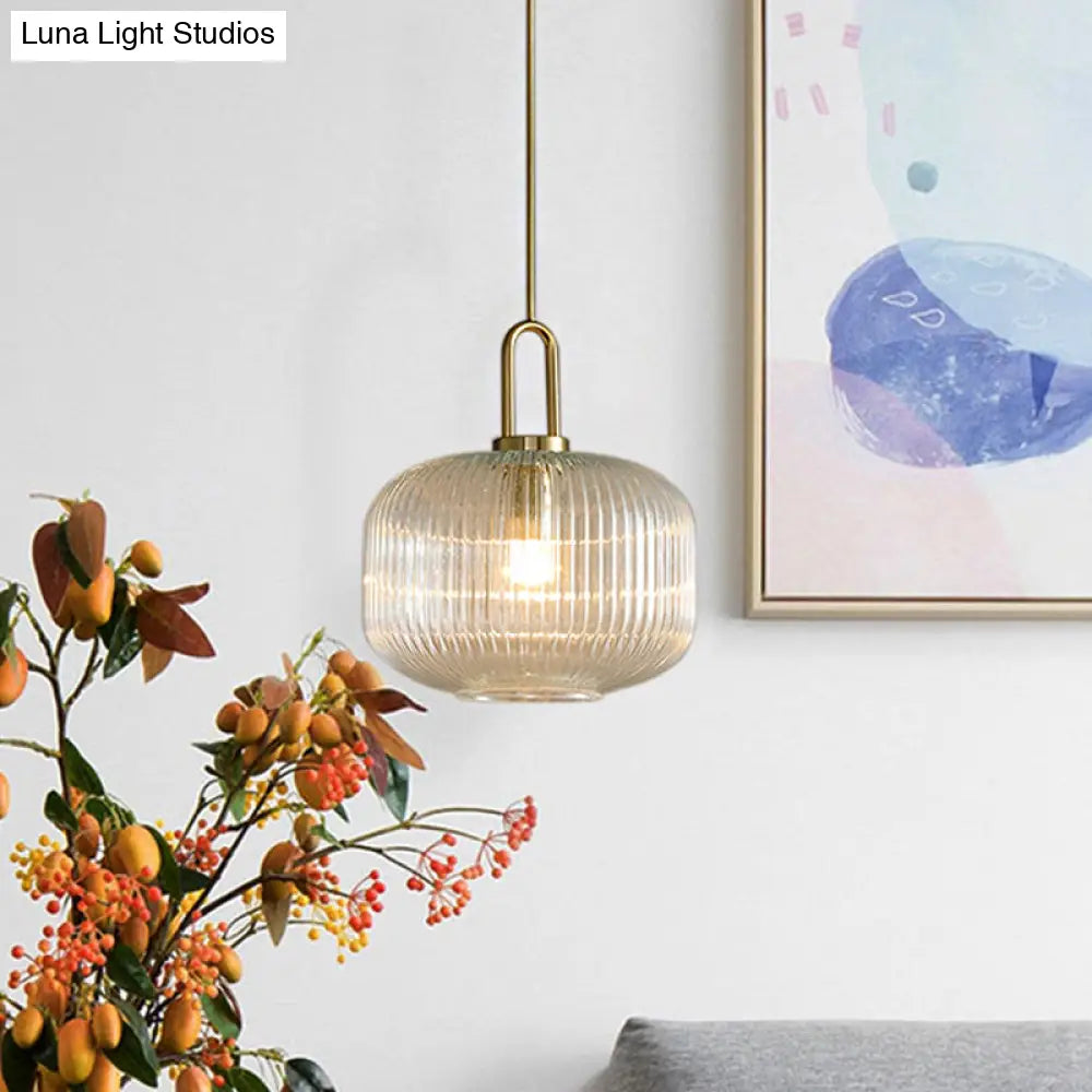 Modernist Gold Glass Pendant Light - Clear Ribbed Cylindrical/Drum/Globe Design 1 6’/8’/12’