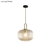 Modernist Gold Glass Pendant Light - Clear Ribbed Cylindrical/Drum/Globe Design 1 6’/8’/12’