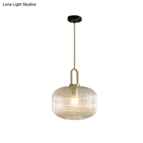 Modernist Gold Glass Pendant Light - Clear Ribbed Cylindrical/Drum/Globe Design 1 6’/8’/12’