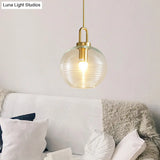 Modernist Gold Glass Pendant Light - Clear Ribbed Cylindrical/Drum/Globe Design 1 6’/8’/12’
