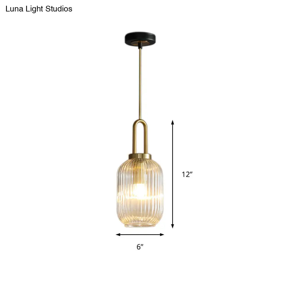 Modernist Gold Glass Pendant Light - Clear Ribbed Cylindrical/Drum/Globe Design 1 6’/8’/12’