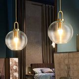 Modernist Gold Glass Pendant Light - Clear Ribbed Cylindrical/Drum/Globe Design 1 6’/8’/12’