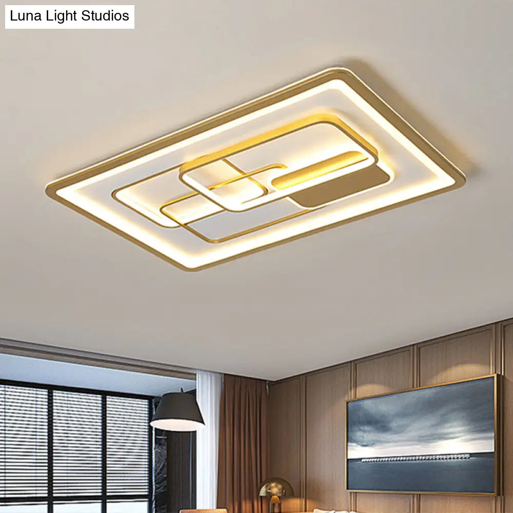 Modernist Gold Led Flush Mount Light Fixture - Rectangle Metallic Lamp 35.5’/43’ Long White/Warm