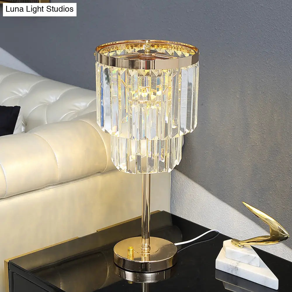 Modernist Gold Led Reading Lamp With Beveled Crystal Shade