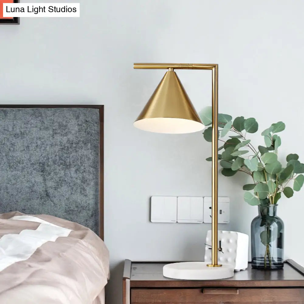 Modernist Gold Small Desk Lamp With Cone Metal Shade - 1 Bulb Bedside Task Lighting