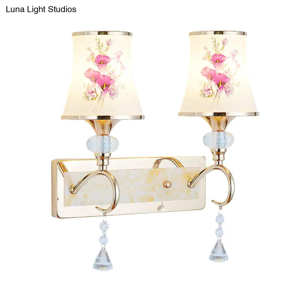 Modernist Gold Wall Mount Lamp With Arced Painted Glass Shade For Bedroom Lighting