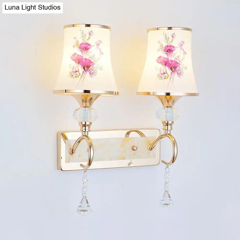 Modernist Gold Wall Mount Lamp With Arced Painted Glass Shade For Bedroom Lighting