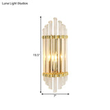 Modernist Gold Wall Sconce Lamp With Arced Crystal Tubes - 2-Light Mount Fixture