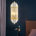 Modernist Gold Wall Sconce Lamp With Arced Crystal Tubes - 2-Light Mount Fixture