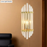 Modernist Gold Wall Sconce Lamp With Arced Crystal Tubes - 2-Light Mount Fixture