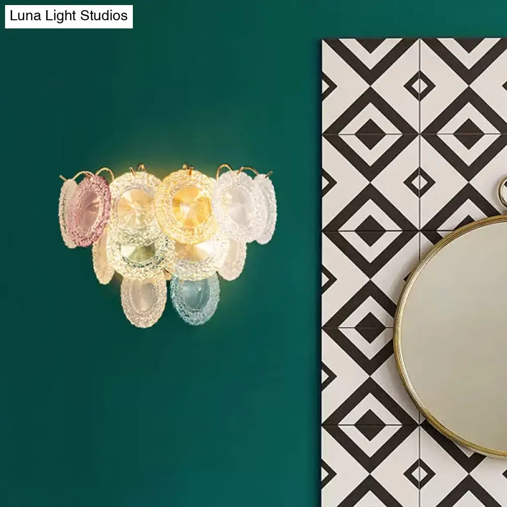 Modernist Layered Disc Wall Light In Pink And Blue Glass - 5-Bulb Wall-Mounted Lighting Fixture For