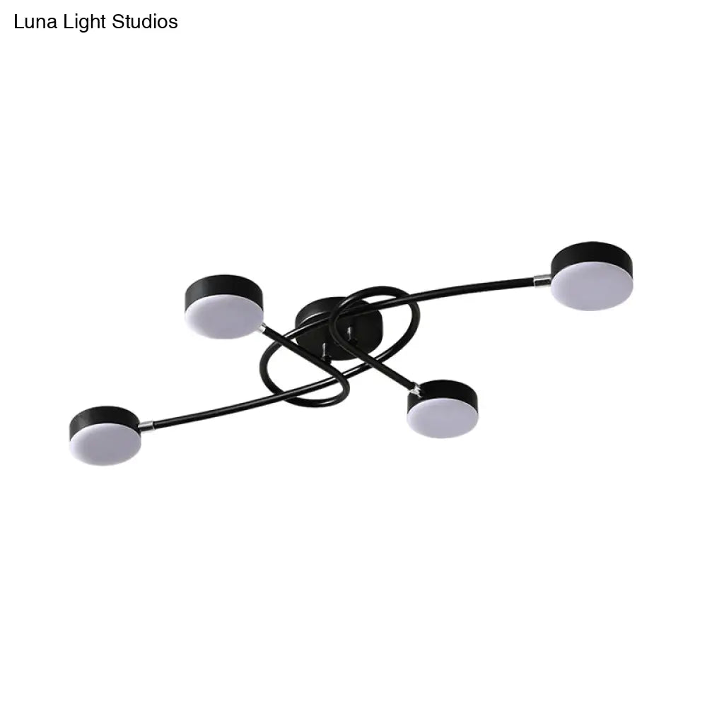 Modernist Led Drum Living Room Semi - Flush Black Ceiling Lamp With Twisted Arm 4 Lights