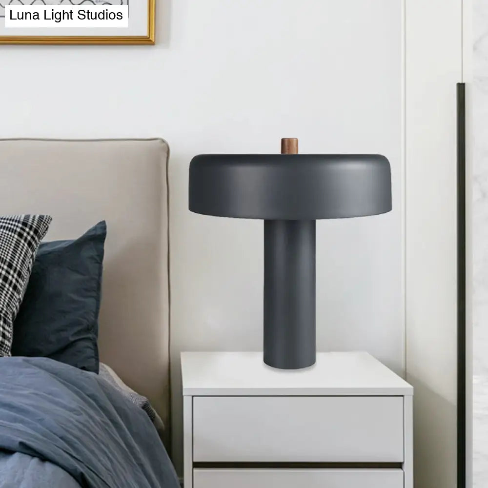 Modernist Led Grey Metal Drum Nightstand Light With Plug-In Cord For Bedroom